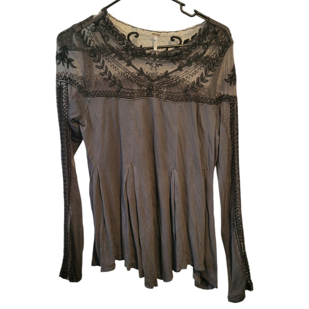 Free People Jojo Lace Embroidered Contrast Top XS Washed Black